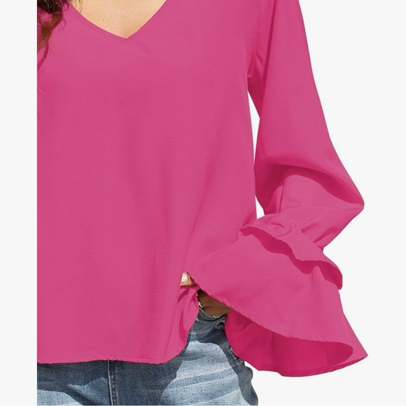 Blue Long-sleeved Ruffle V-neck Blouse - Picture 5 of 6